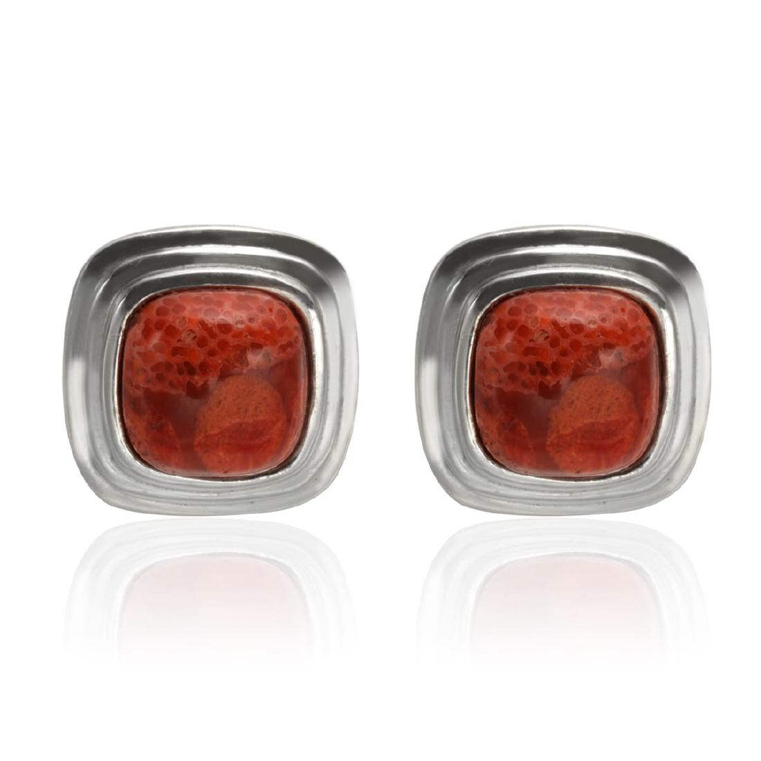 Sterling Silver Cushion Cut Coral Stud Earrings (1 of 2)