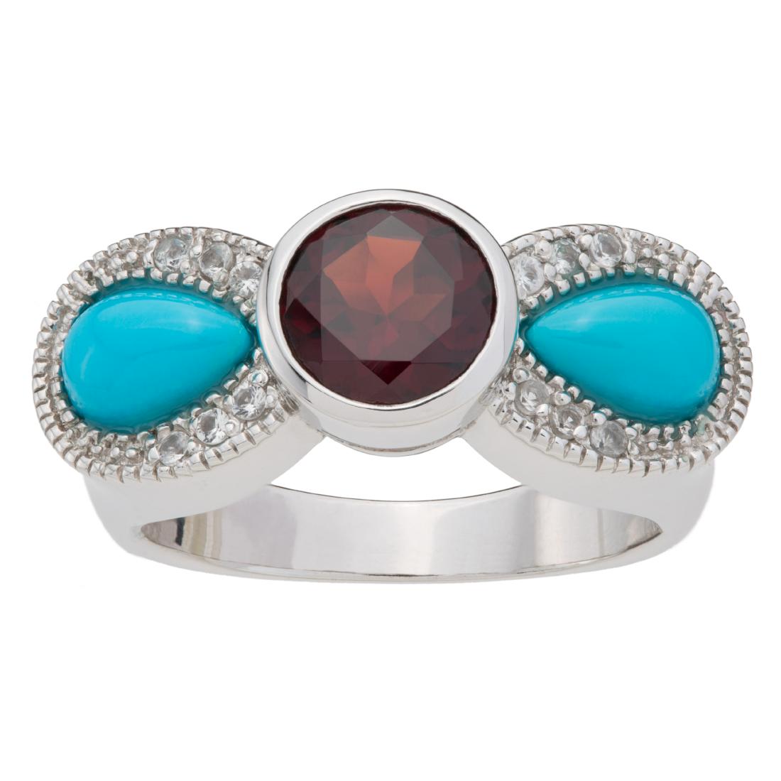 Sterling Silver Turquoise, Garnet &Topaz Ring-SZ 7: This 925 Sterling Silver ring resonates a charming light-hearted elegance with one sparkling cut Mozambique Garnet and two coveted pear shaped Genuine Sleeping Beauty Turquoise cabochons flanking the 