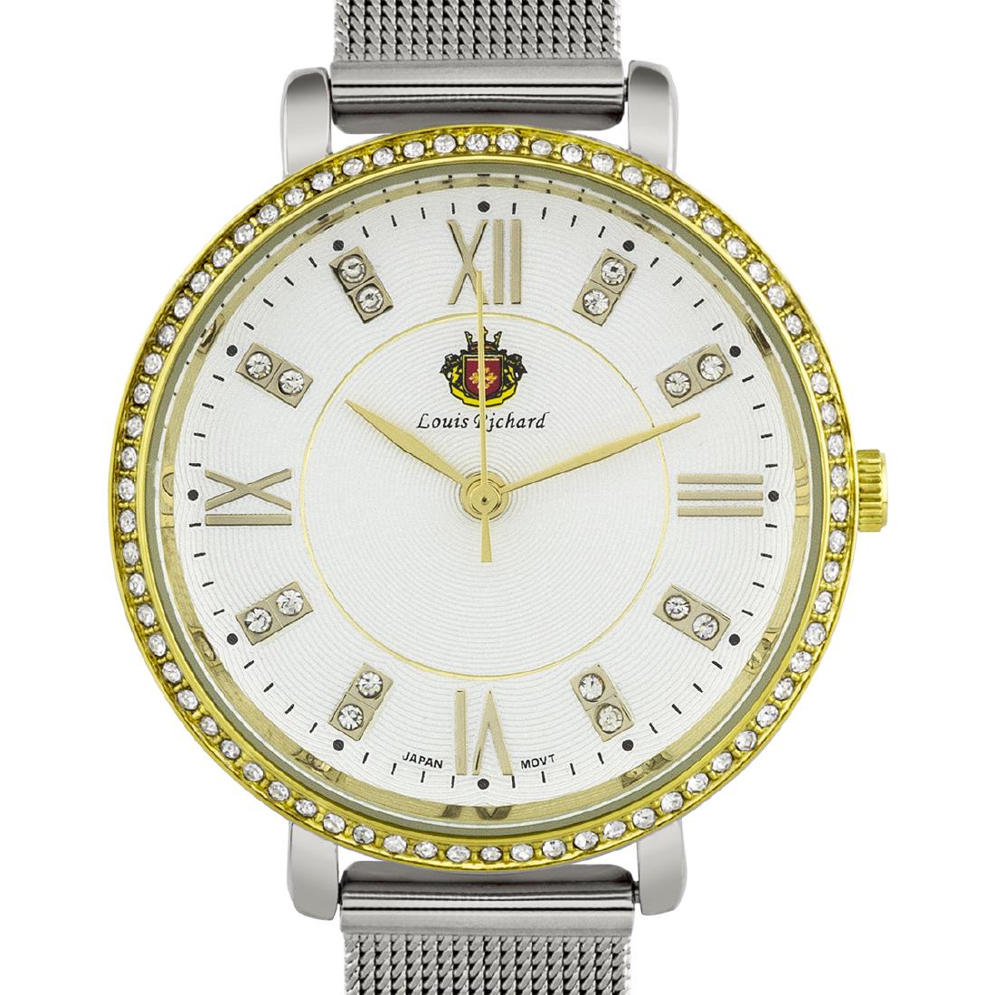 Louis Ricahrd Luxury Mesh Band Ladies Watch: A multi.layered textured dial, all stainless steel case and a beautifully designed bezel w/ crystals made from Swarovski elements make the Louis Richard a very modern design ideal for pairing with the