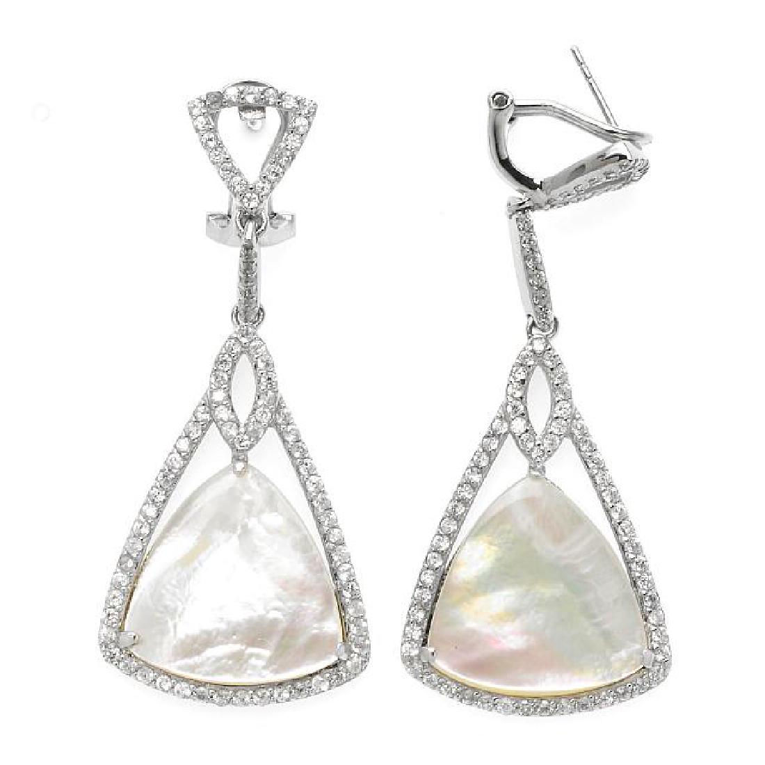 Sterling Silver MOP & Zircon Doublet Earrings: • Genuine white MOP & white Zircon •Triangular base drop with lined shimmering zircon •Comfortable omega back •Fine sterling silver