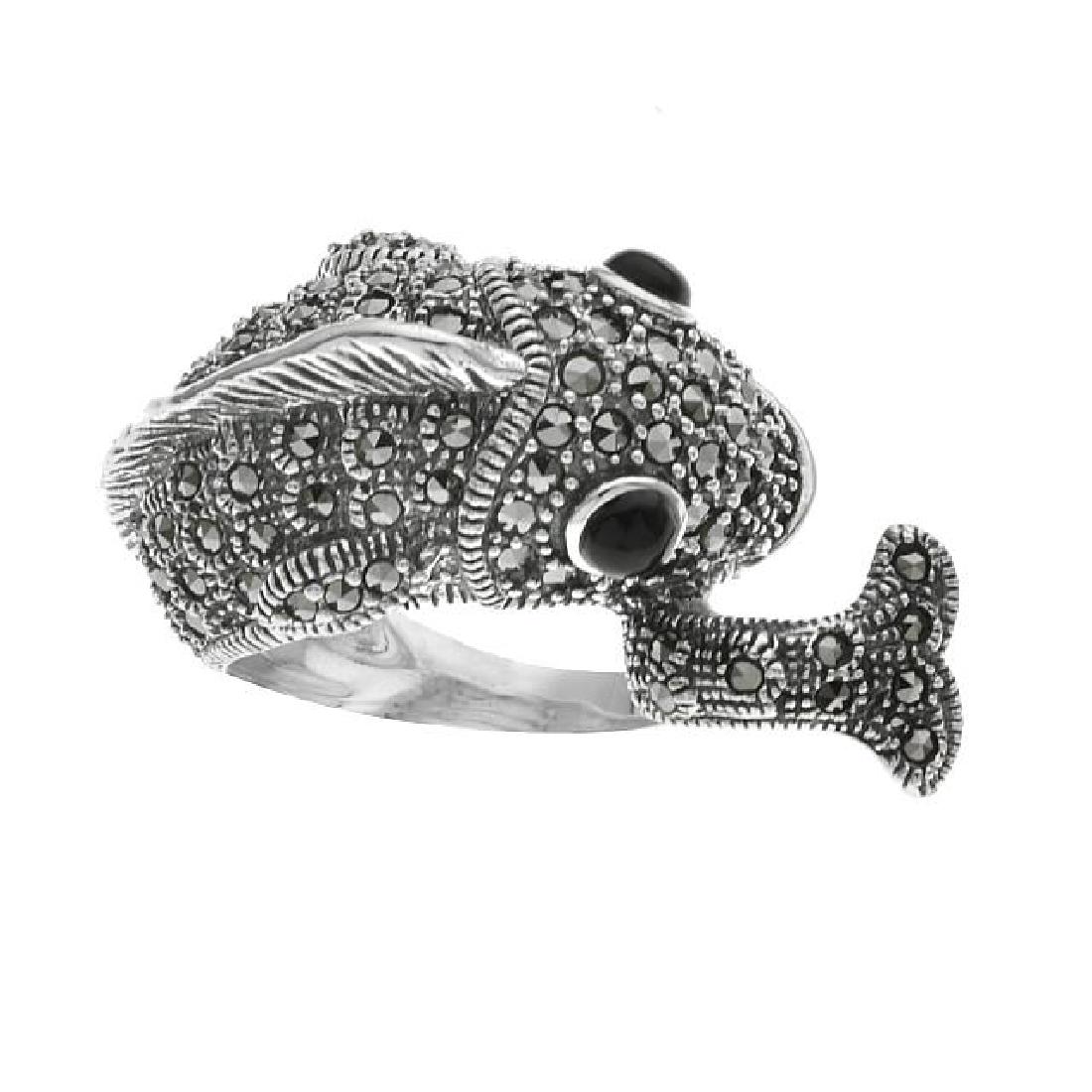 Sterling Silver Marcasite & Agate Fish Ring-SZ 5: Reel in a lovely new addition to your collection! Addison Lane crafts this whimsical fish design ring in oxidized sterling silver and adorns it with marcasite and striking genuine black agate. Black a
