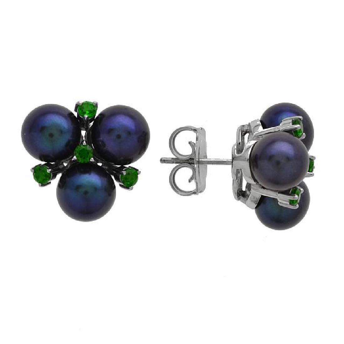 Sterling Silver Pearl & Chrome Stud Earrings: • Genuine freshwater Pearls & Chroem Diopside •Symmetrically clustered studs •Secured butterfly clasp •Fine sterling silver