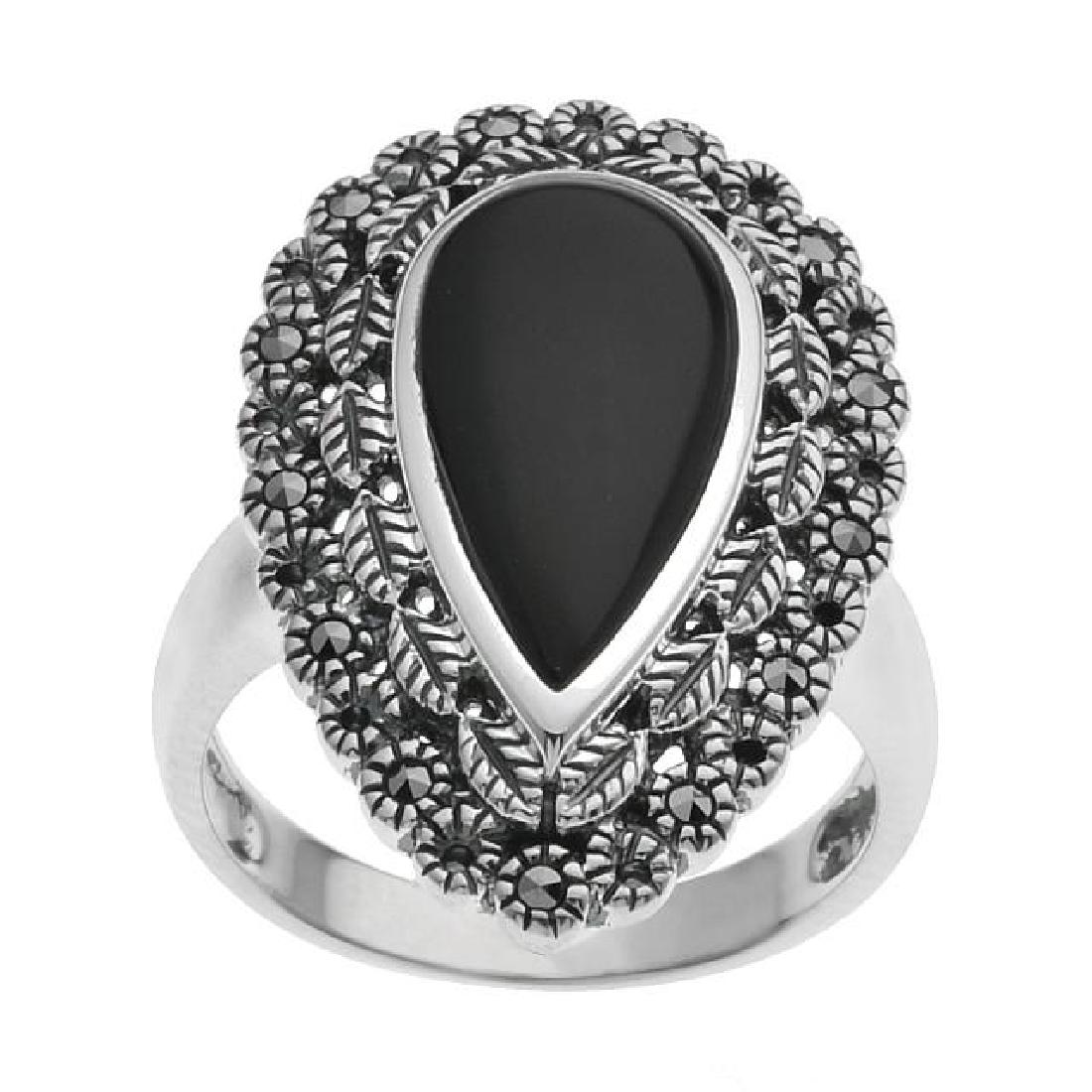 Sterling Silver Marcasite & Black Onyx Ring-SZ 8: Make a lasting impression with his lovely ring from the Addison Lane Weekend Collection. Beautifully crafted in fine sterling silver with an attractive oxidized finish, and adorned with a striking pea