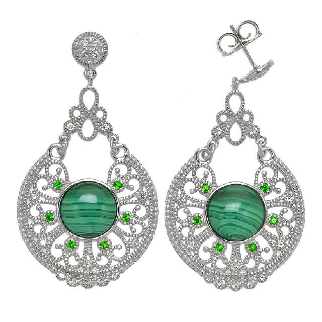 Silver Malachite & Chrome Filigree Earrings: • Genuine Malachite, Chrome Diopside & White Topaz • 2.28cwt white topaz/ 0.22cwt chrome diopside • Beaded texture filigree design • Butterfly backings for comfortable fit R