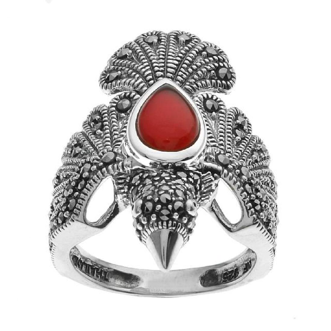 Silver Red Agate & Marcasite Eagle Ring-SZ 6 (1 of 1)