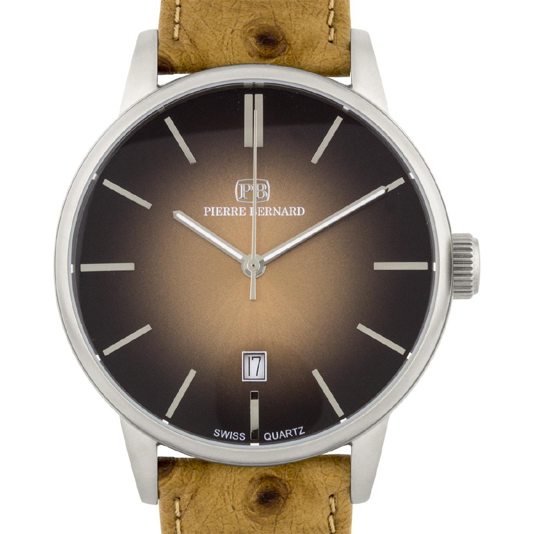 Pierre Bernard Swiss Quartz Pale Fire Men's Watch: Main Features: Genuine Swiss Ronda 515 Movement , Classic Design, Visible Date Window Hands: Luminescent hands Case Shape: Round Material: Stainless Steel, Leather Case Thickness: 10mm Strap Width: 20