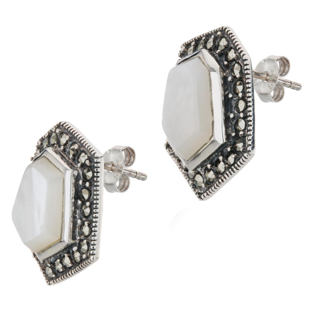 Silver MOP & Marcasite Hexagon Stud Earrings: A striking new design from Addison Lane’s Felicity Collection: inspired by timeless vintage looks, this lovely design is beautifully crafted in oxidized sterling silver and adorned with fascinat
