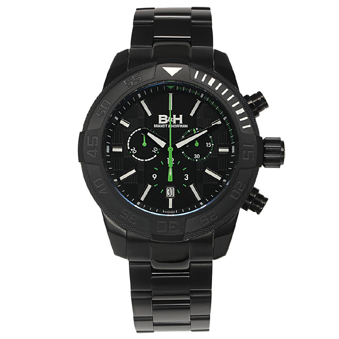 Brandt & Hoffman Swiss Chronograph Mens Watch: Movement Type:-Genuine Swiss Ronda 5030.D Movement Display Type:-Analog Water Resistant:-Water Resistant To 5ATM Case Size:-47mm x 55mm x 13mm Case Material:-All Surgical Grade 316L IP Black Stainless