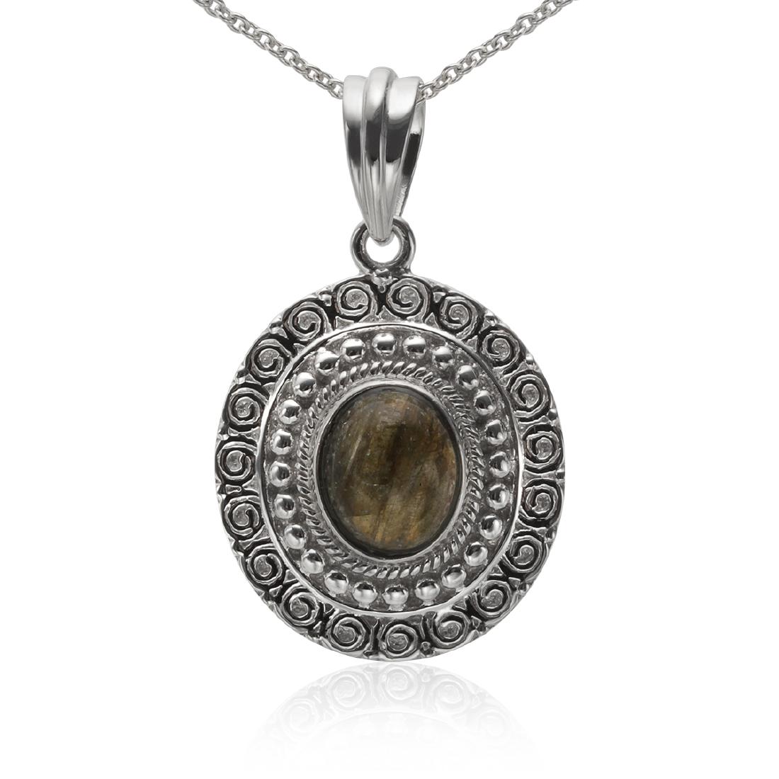 Sterling Silver Oval Labradorite Pendant: â€¢ Genuine labradorite â€¢Rope, bead and swirl tecxtures halo around the stone â€¢18 inch silver chain â€¢ Gleaming rhodium over fine sterling silver