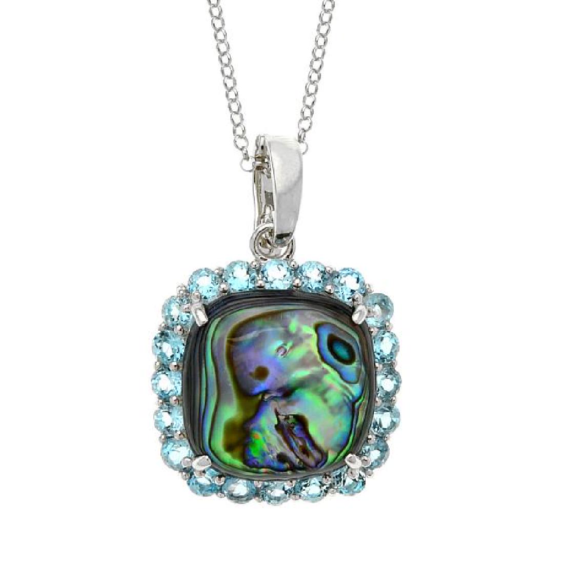 Silver 2.08cwt Blue Topaz & Abalone Halo Pendant: â€¢ Genuine Swiss Blue Topaz & Abalone â€¢ 2.08cwt Swiss Blue Topaz â€¢ Cushion cut opaque stone with halo of gemstones â€¢ 18â€ silver chain â€¢ Gleaming rhodium over fine ster