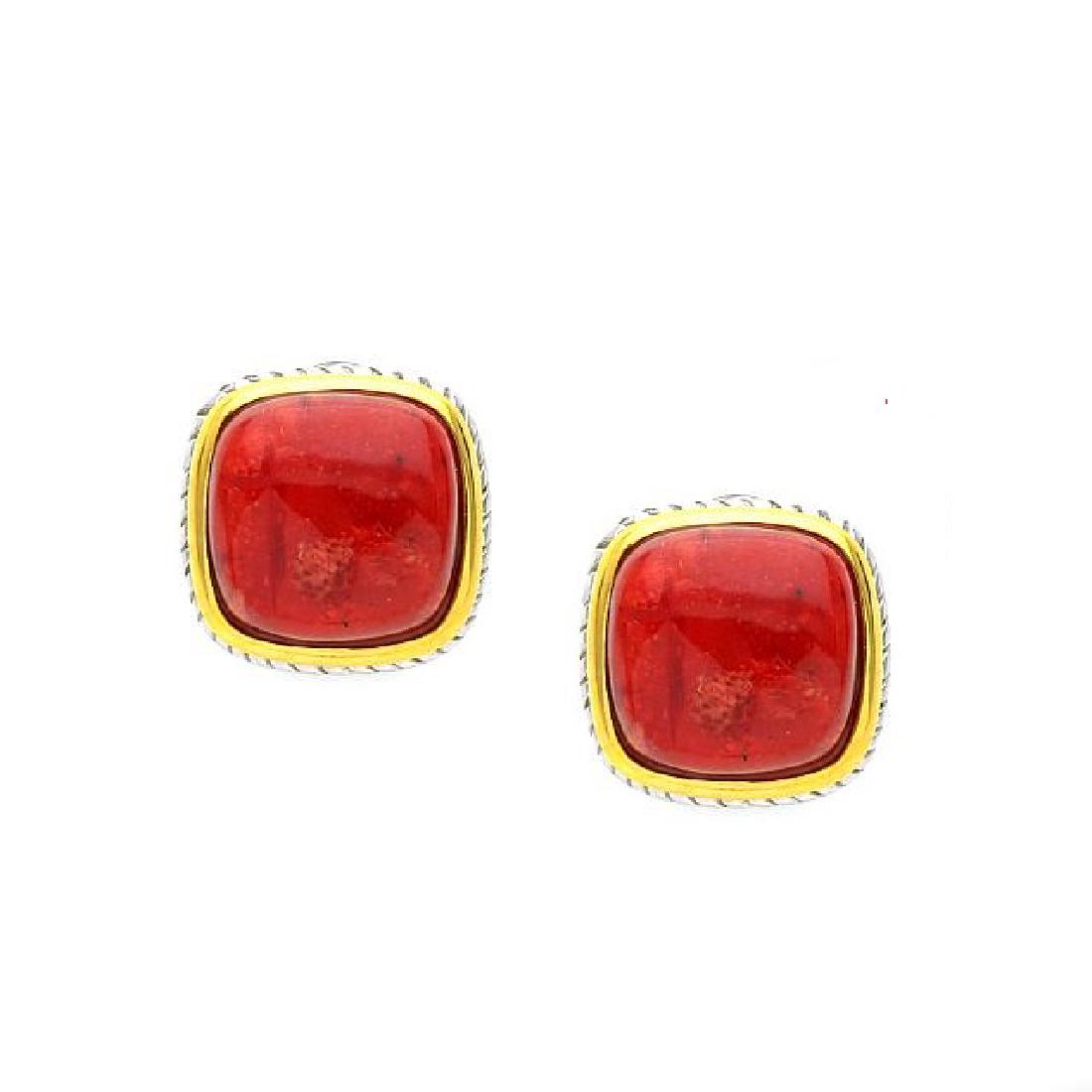 Sterling Silver Two-Tone Red Coral Framed Earrings: Cushion shaped sponge Coral cabochons surrounded by gold plated halos and twisted sterling silver textures deliver sophistication daily. Omega backs make for a quick, no-fuss application. Add a touch 