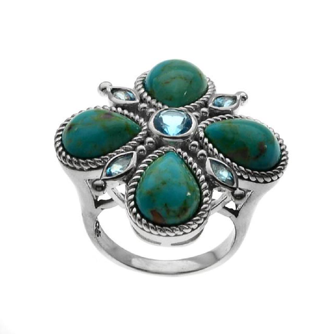 Sterling Silver Tuquoise & Topaz Clover Ring-SZ 9: â€¢ Genuine turquoise & swiss blue topaz â€¢0.72cwt swiss blue topaz â€¢Four leaf clover deisgn with rope texture â€¢ Gleaming rhodium over fine sterling silver
