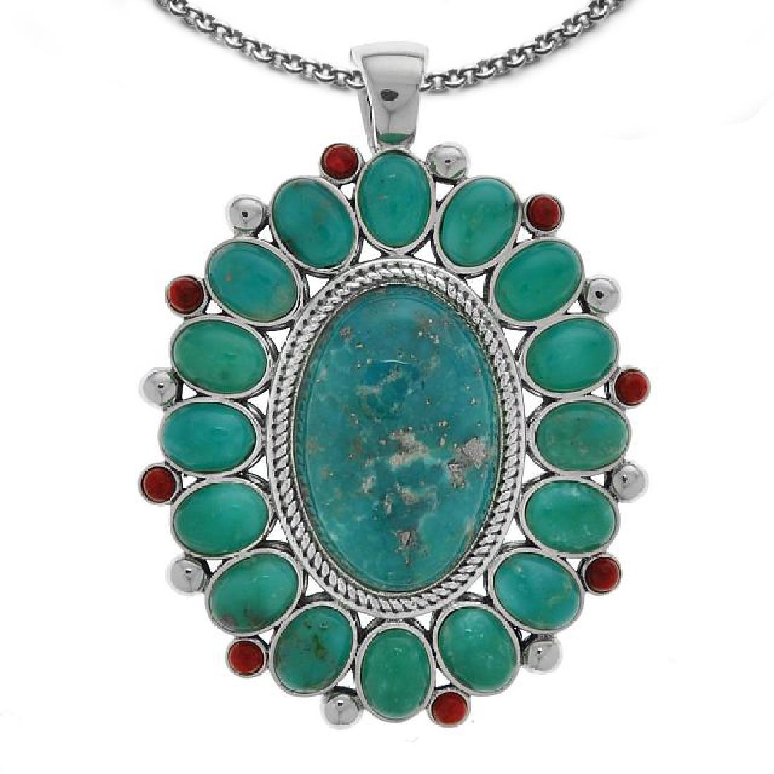 Silver Campo Frio Turquoise & Coral Pendant: â€¢ Genuine Campo Frio Turquoise & Red Coral â€¢ Floral inspired design with beaded accents â€¢ Southwestern style â€¢ 18â€ silver chain â€¢ Gleaming rhodium over fine sterling 
