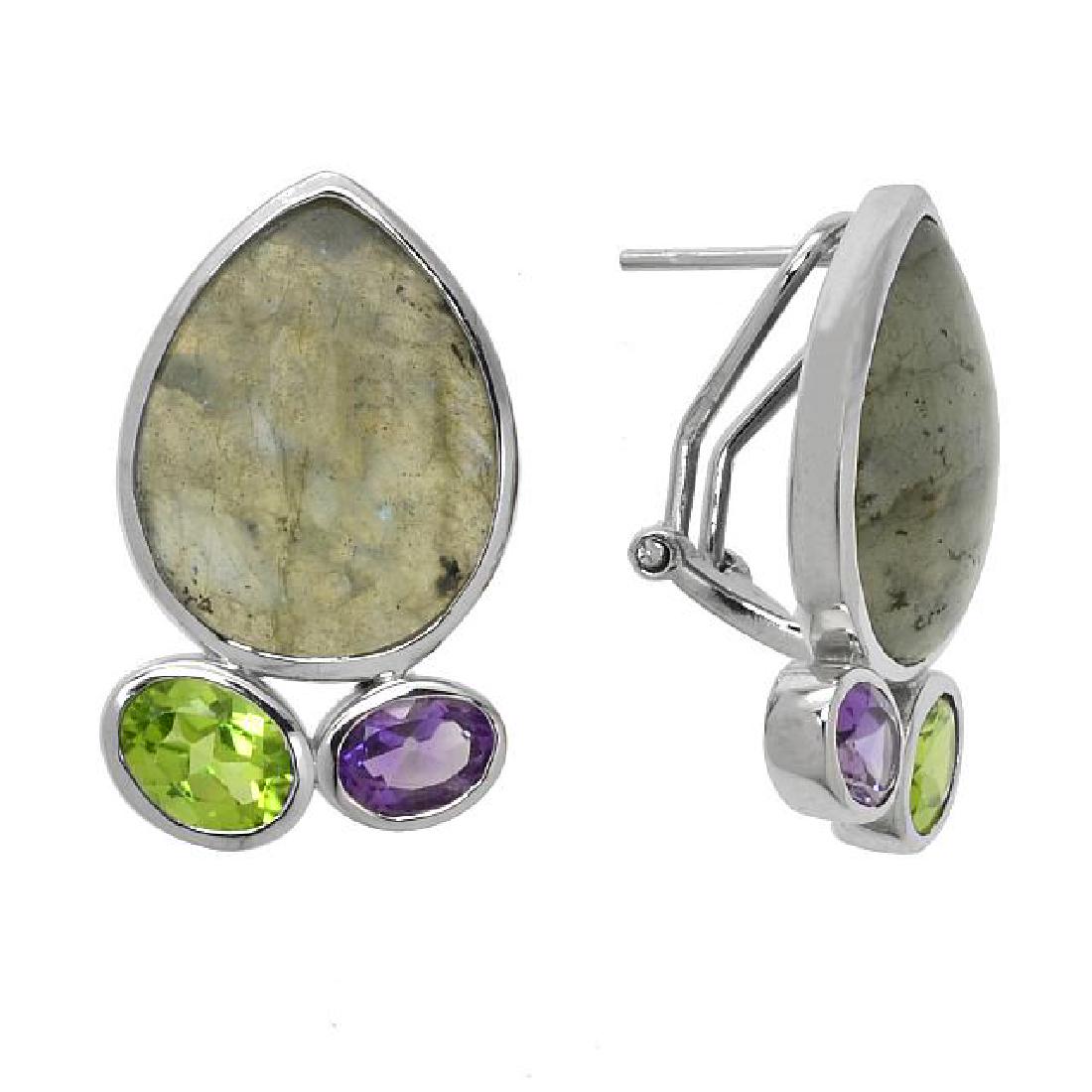 Silver Labradorite & Gemstones Omega Earrings: • Genuine labradorite, amethyst & peridot •Omega back for comfortable fit •Gleaming rhodium over sterling silver