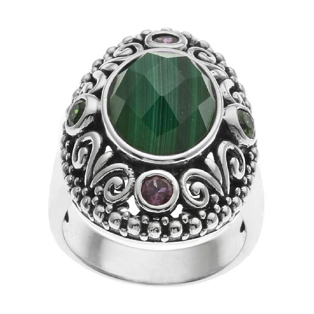 Silver Malachite & Gemstones Bali Style Ring-SZ 9 (1 of 1)