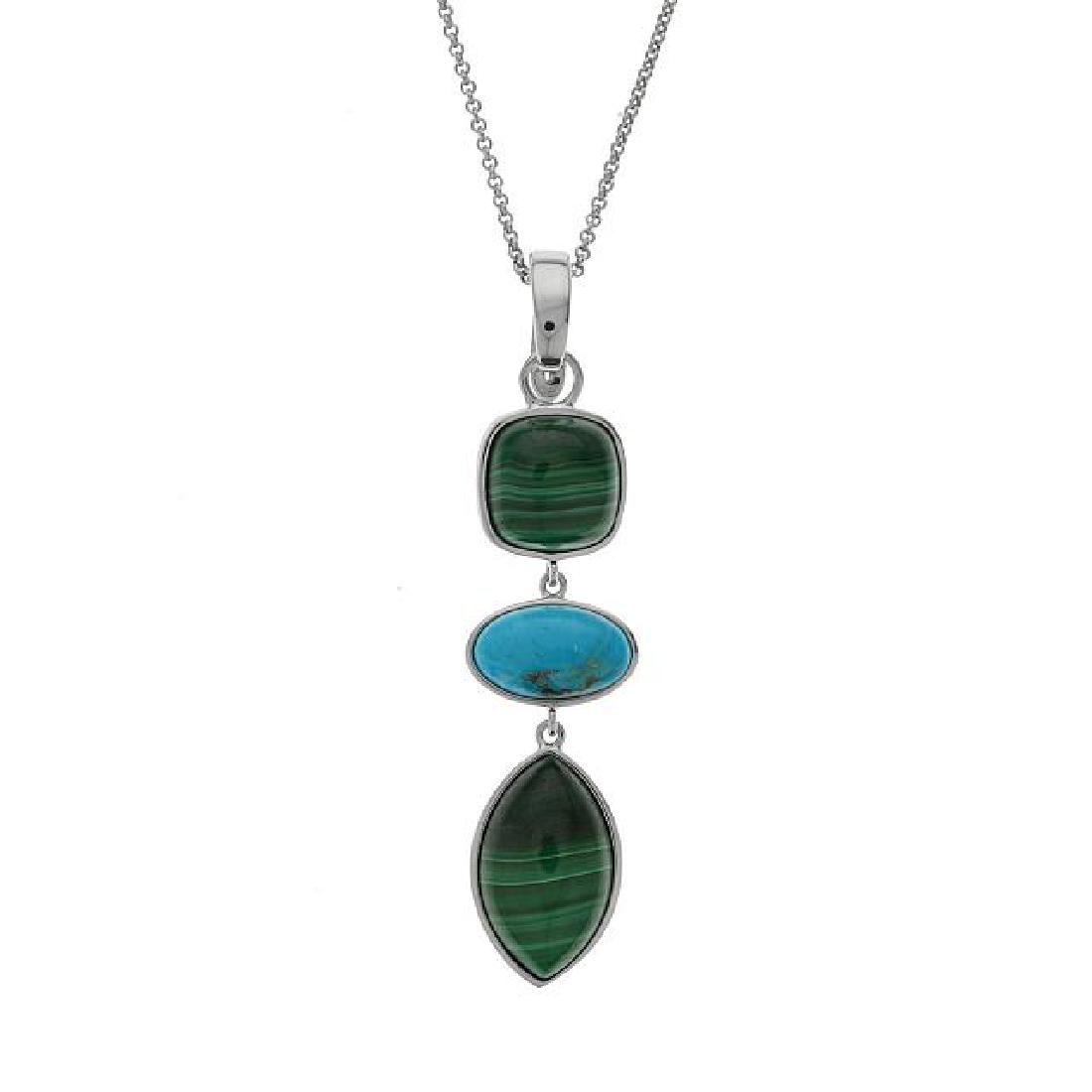Sterling Silver Turquoise & Malachite Drop Pendant: • Genuine turquoise & malachite • 18” silver chain • Gleaming rhodium over fine sterling silver