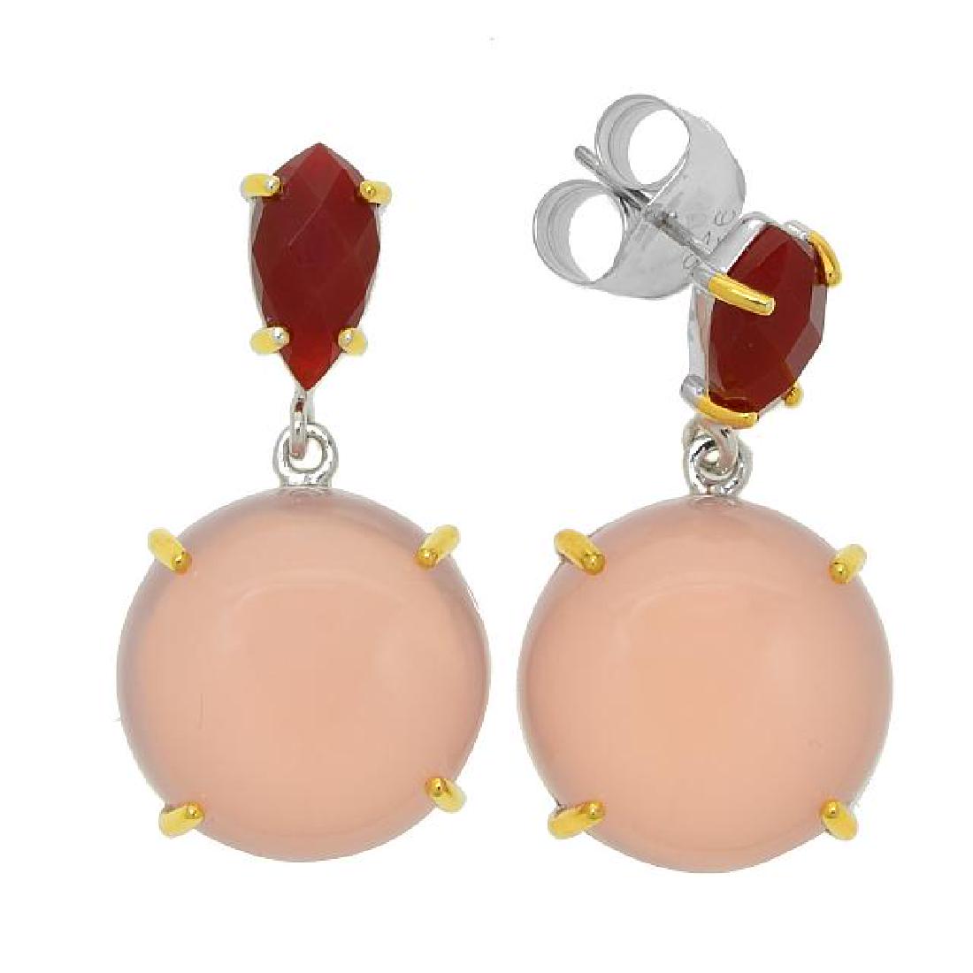 Silver Pink Chalcedony & Carnelian Drop Earrings: • Genuine pink chalcedony & carnelian •Buttefly clasp for comfortable fit •Gleaming rhodium over fine sterling silver