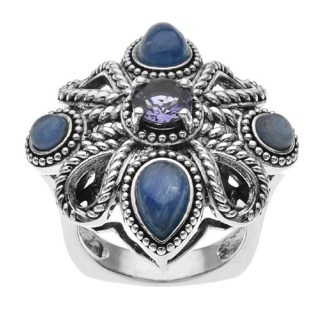 Sterling Silver Kyanite & Iolite Rope Ring-SZ 7: • Genuine kyanite & iolite •0.38ctw iolite •An ornate floral inspired setting with rope textured loops and an undergallery • Gleaming rhodium over fine sterling silver