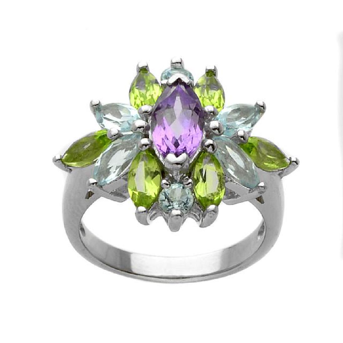 Silver Multi Gemstones Flower Shape Ring-SZ 7 (1 of 1)
