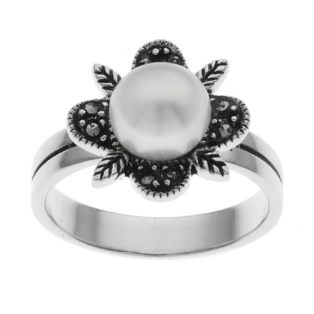 Silver Freshwater Pearl & Marcasite Ring-SZ 7: • Genuine freshwater pearl & marcasite •Stones set in a shape of a flower • Gleaming rhodium over fine sterling silver