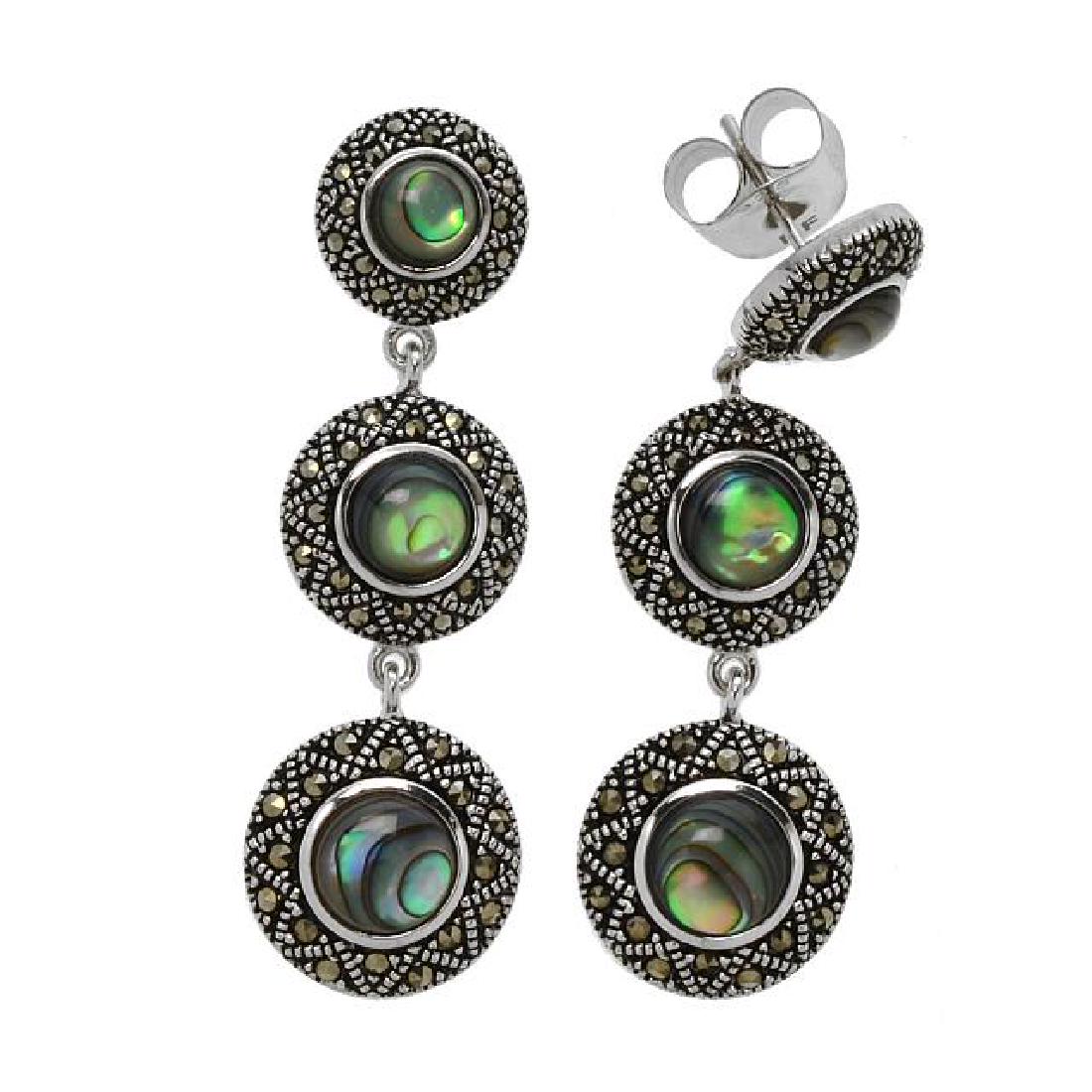 Sterling Silver Abalone & Marcasite Drop Earring: • Genuine abalone & marcasite •Graduating dangling cicrcular stations •comfortable butterfly backs &#