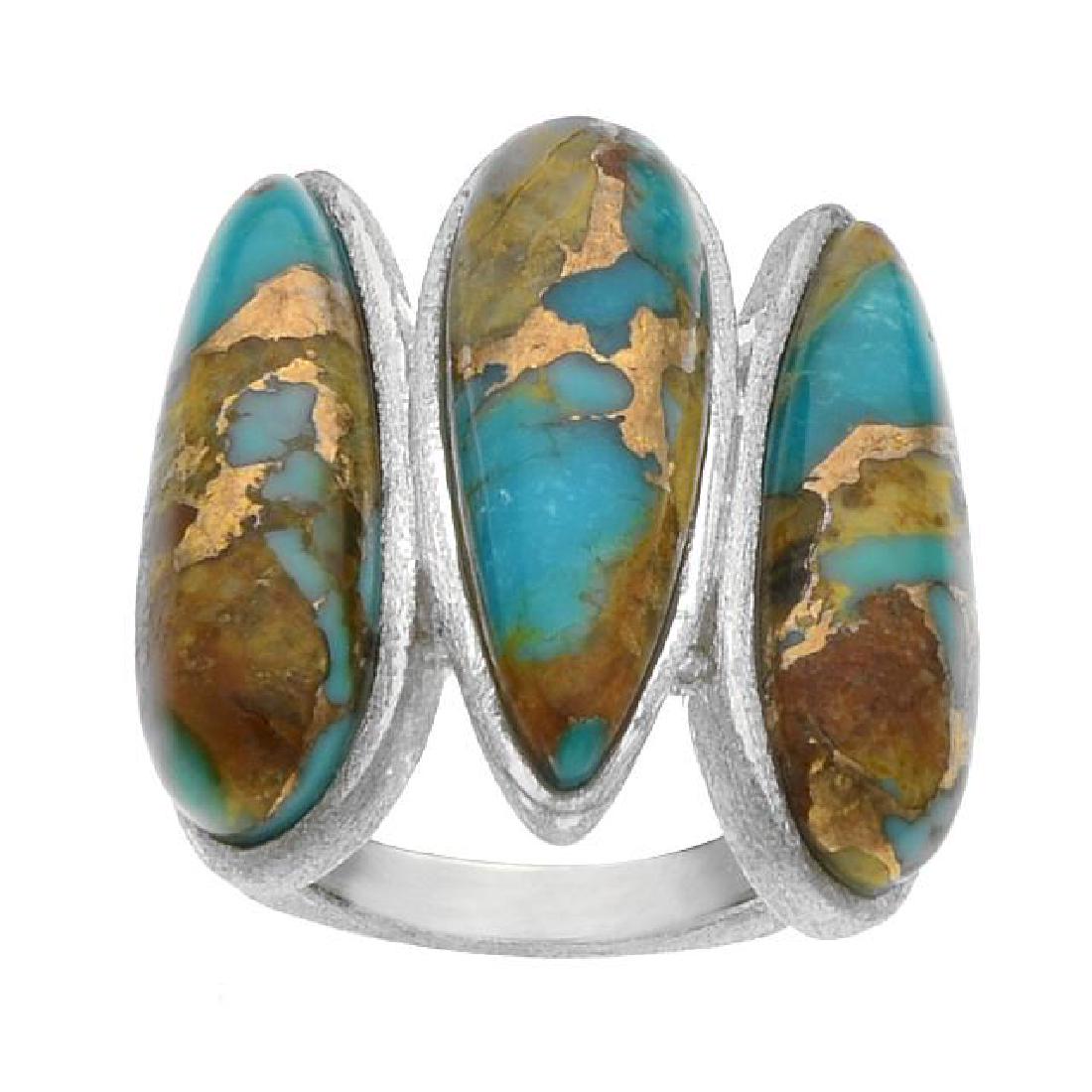 Silver Bronze Turquoise Brushed 3-Stone Ring-SZ 7 (1 of 1)
