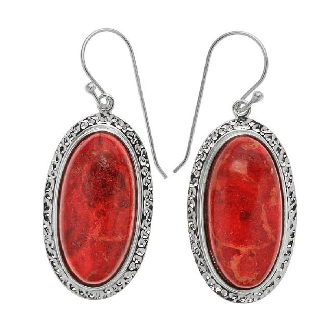 Sterling Silver Red Coral Hammered Texture Earring (1 of 1)