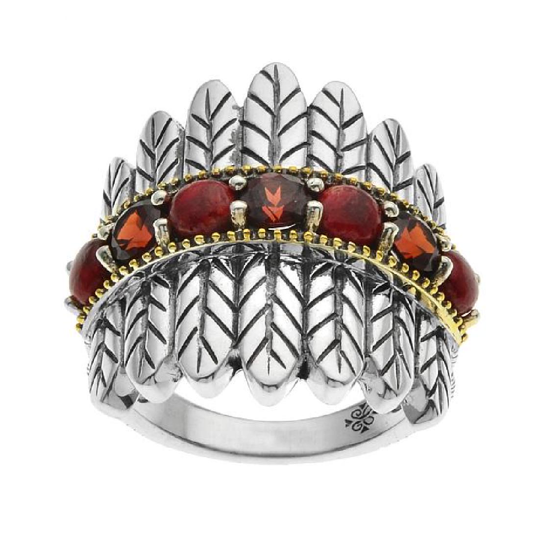 Silver Red Coral & Garnet Feather Band Ring-SZ 8 (1 of 2)