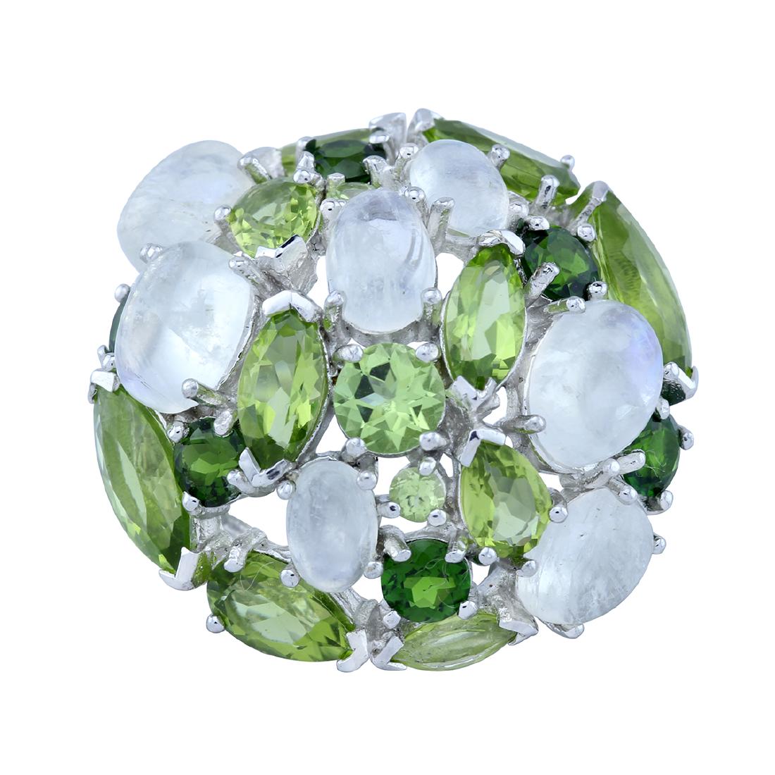 Silver Moonstone & Gemstones Dome Shaped Ring-SZ 6: • Genuine rainbow moonstone, chrome diopside & peridot •Dome shaped setting • Gleaming rhodium over fine sterling silver
