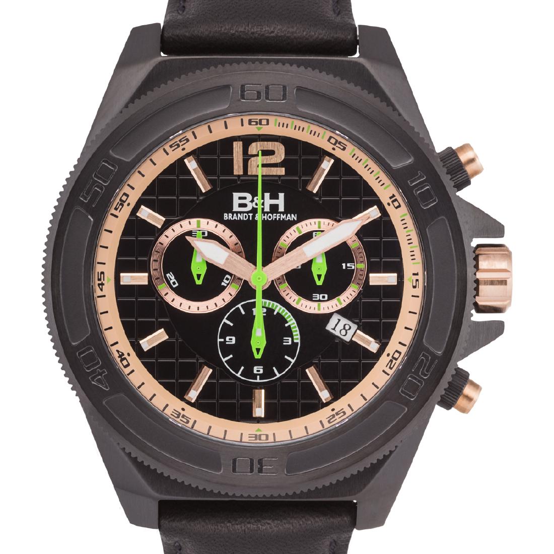 Brandt & Hoffman Swiss Chronograph Mens Watch: Movement Type:-Genuine Swiss Ronda 3050.D Movement Display Type:-Analog Water Resistant:-Water Resistant To 10ATM Case Size:-48mm x 58mm x 14mm Case Material:-Surgical Grade 316L Stainless Steel Dial