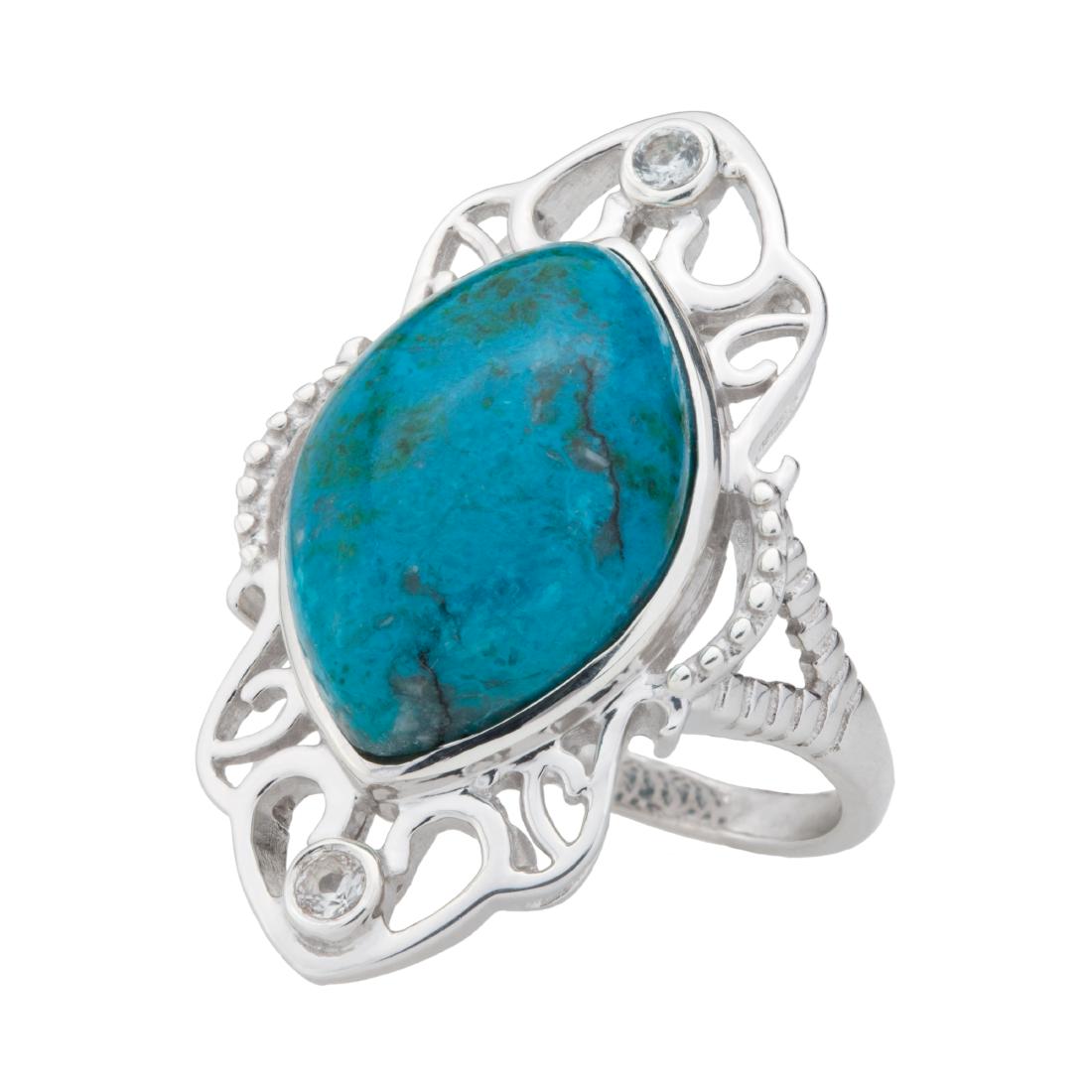 Silver Chrysocolla & White Topaz Ring-SZ 7: Sterling Silver Ornate filigree surrounds one large marquise shaped swirling green chrysocolla cabochon at the center of the ring. White zircon studs punctuate the north and south poles of the setting