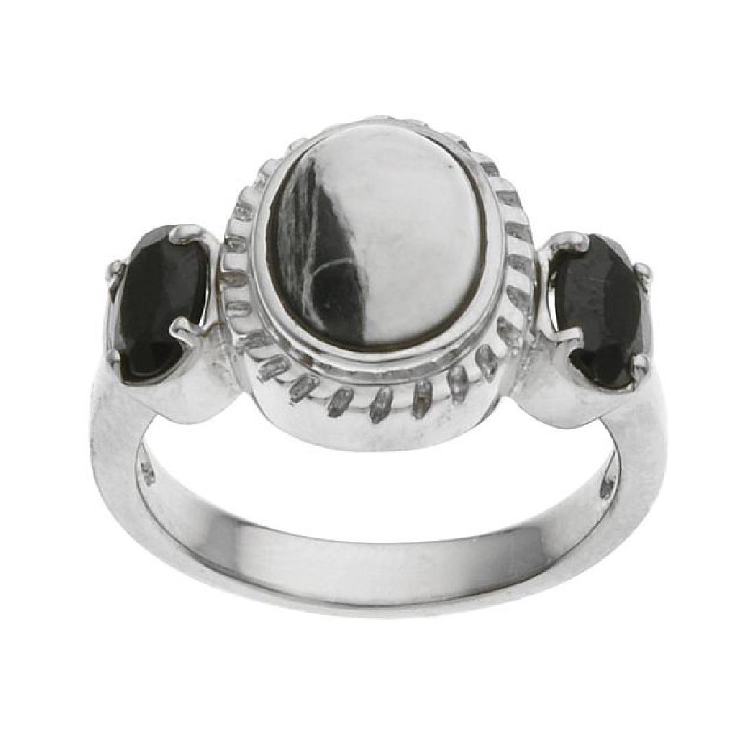 Silver White Buffalo & Spinel Ring-SZ 7: • Genuine white buffalo & black spinel • 0.94cwt black spinel • North south orientation with rope texture halo • Gleaming rhodium over fine sterling silver