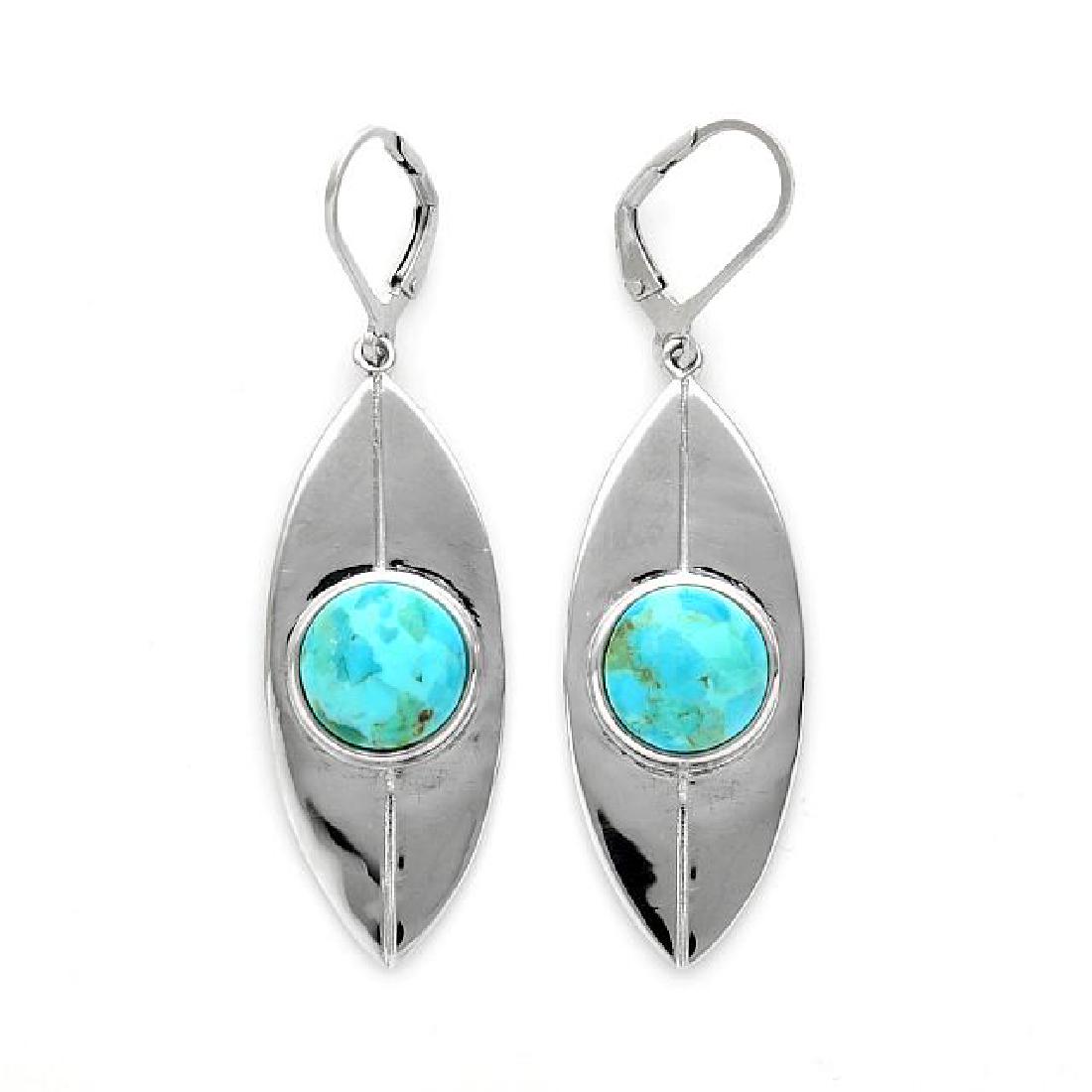 Sterling Silver Turquoise Elongated Leaf Earrings: • Genuine turquoise •Elongated marquise leaf shape • Lever backing for secured fit • Gleaming rhodium over fine sterling silver