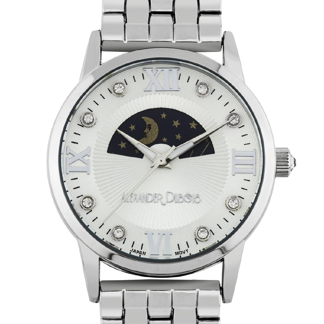 Alexander Dubois Lumieres Ladies Watch: Ion Plated Metal Bracelet Stainless Steel Back Stainless Steel Fold Over Clasp Multi Textured Moon Phase Dial Stainless Steel Push/Pull Crown with Czech Crystal