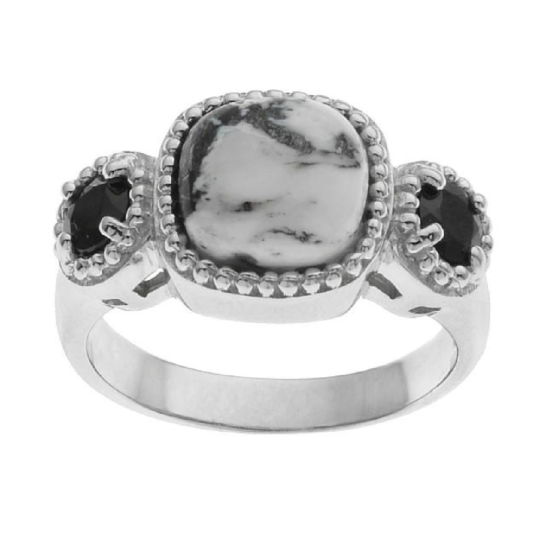 Silver White Buffalo & Spinel 3-Stone Ring-SZ 7: • Genuine white buffalo & black spinel •0.58cwt black spinel •Beaded halo texture around the stones • Gleaming rhodium over fine sterling silver