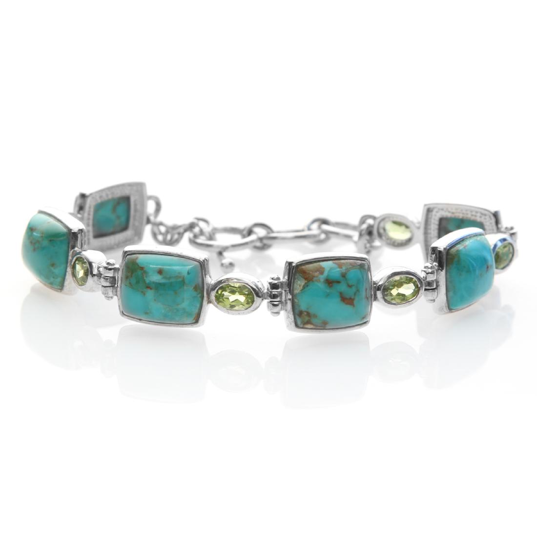 Silver 8" Turquoise & Peridot Toggle Bracelet (1 of 2)