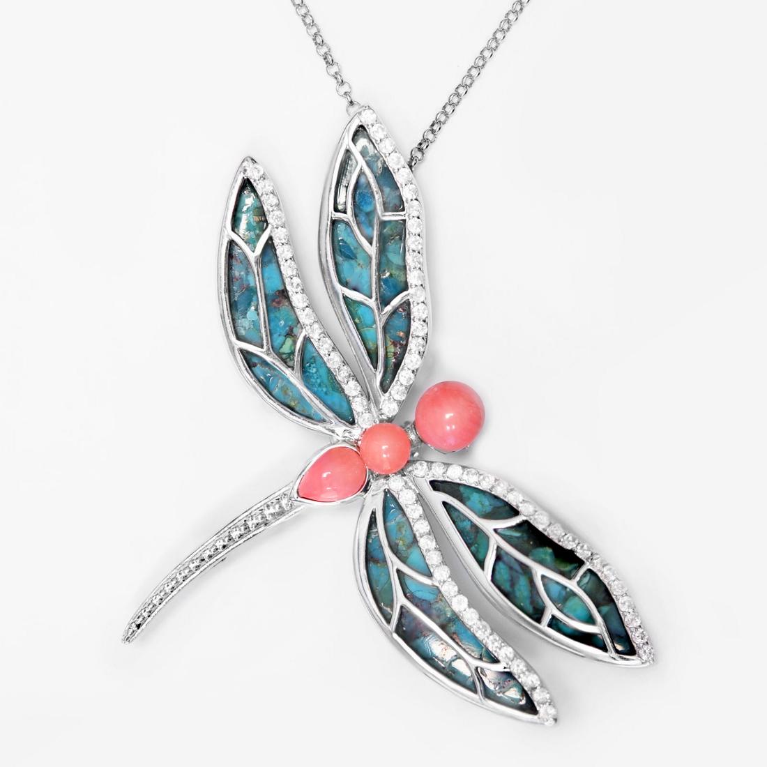 Silver Turquoise & Coral Dragonfly Pin/ Pendant (1 of 2)