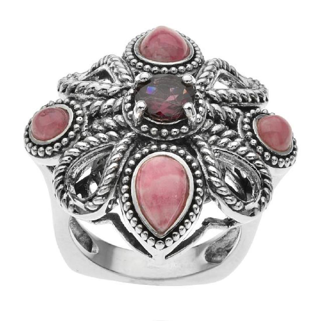 Silver Rhodochrosite & Garnet Rope Ring-SZ 8: • Genuine rhodochrosite & rhodolite garnet • 0.57ct garnet • An ornate floral inspired setting with rope textured loops and an undergallery • Gleaming rhod