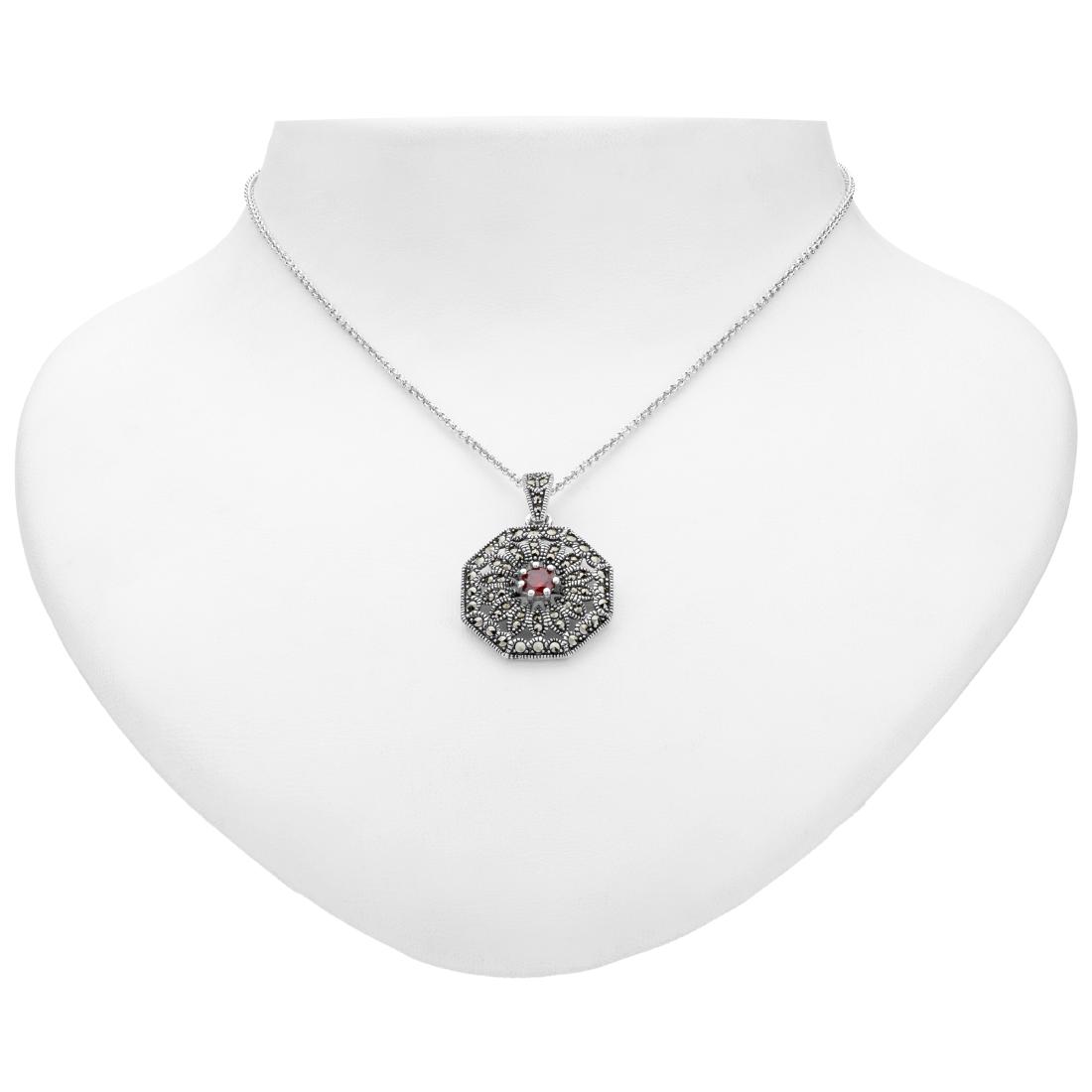 Silver Marcasite & Garnet Octagonal Pendant: An impressive design from the vintage-inspired Addison Lane Felicity Collection! Updated classic lines distinguish this impressive octagonal pendant necklace. Beautifully crafted in oxidized sterling 