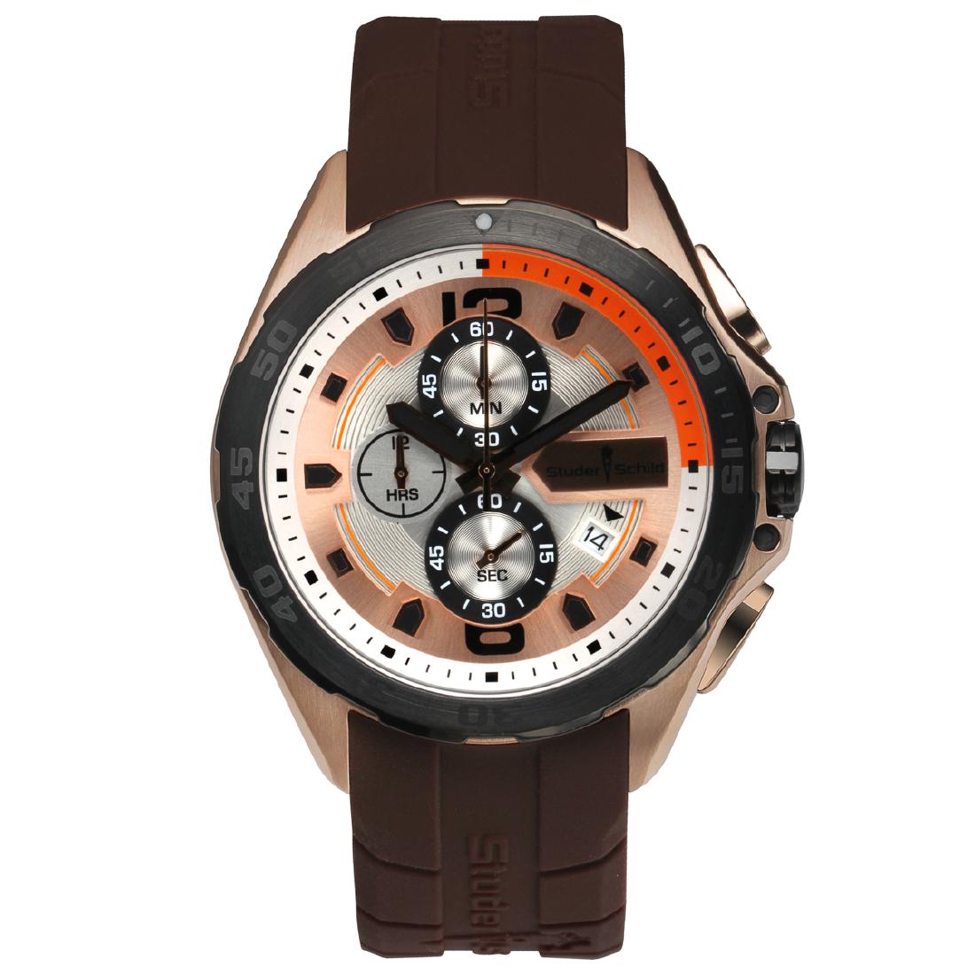 Studer Schild Cantor Chronograph Mens Watch: Movement Type:- Miyota OS10 Quartz Movement Display Type:- Analog Water Resistant:- 5ATM Case Size:- 43mm x 52mm x 14mm Case Material:- IP Rose Gold Surgical Grade 316L Stainless Steel Dial Color:- Si