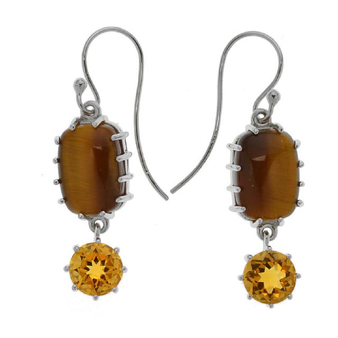 Silver 3.42ct Citrine & Tiger's Eye Drop Earrings: Heavenly color—that’s the earrings from the Pangea Mines Treasured Gems Collection. Exquisite genuine Tiger's Eye and Citrine gemstones adorn beautifully crafted rhodium on sterling silver