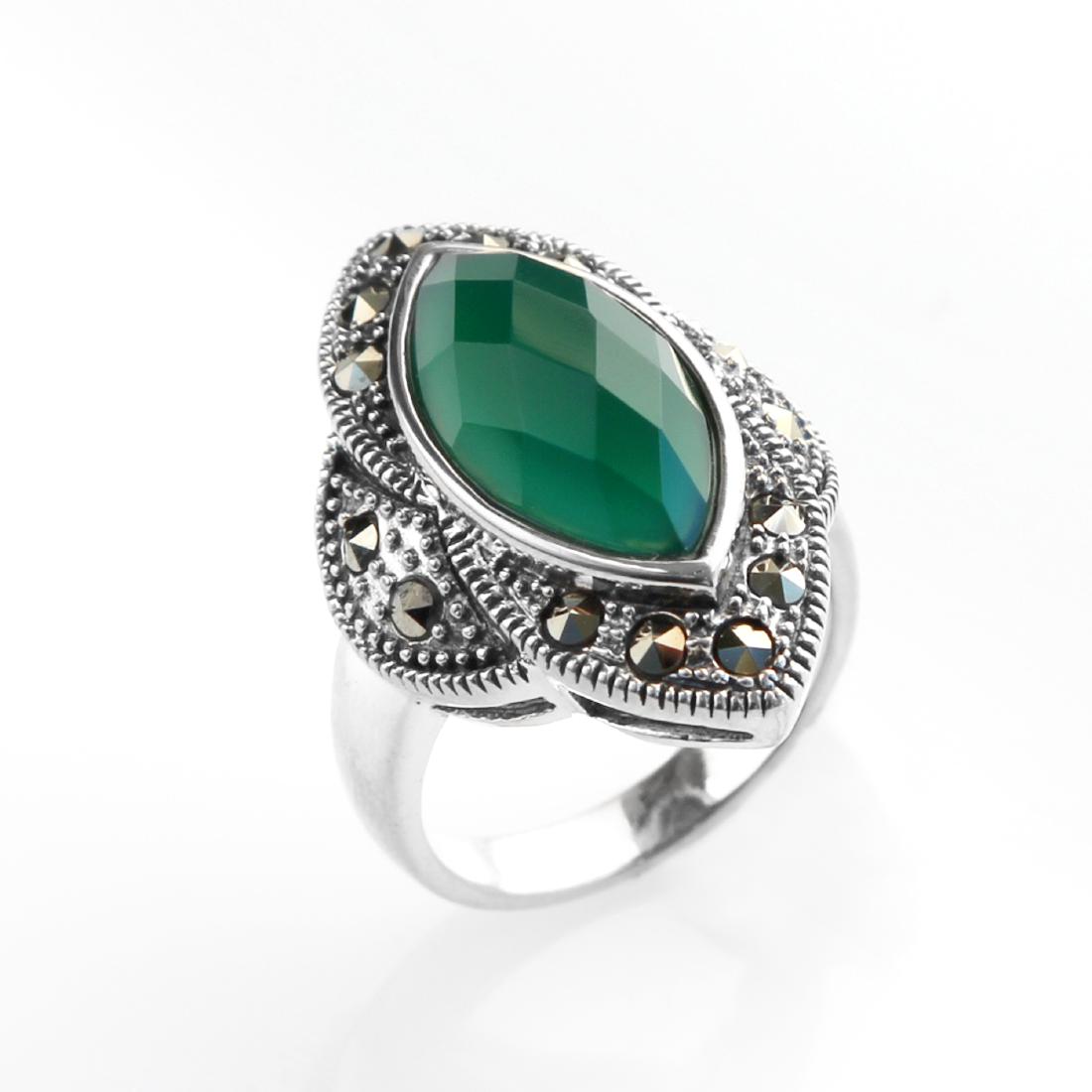 Sterling Silver Green Agate & Marcasite Ring-SZ 6: Addison Lane crafts a lovely, dramatic look with this impressive design from the Felicity Collection. Crafted in oxidized finish sterling silver and adorned with beautiful checkerboard cut genuine gre