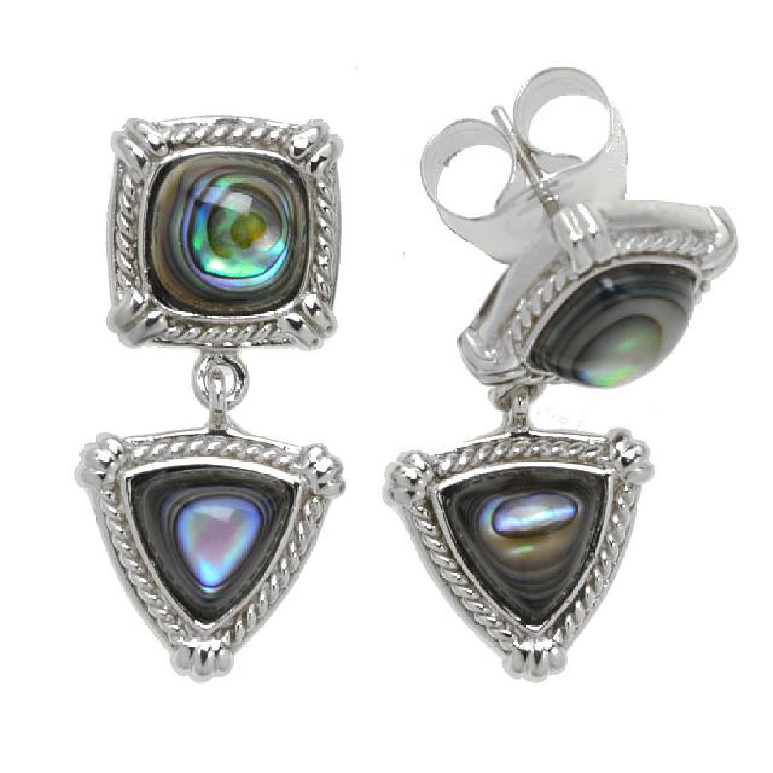 Silver Cushion & Trillion Abalone Drop Earrings: • Genuine abalone • Rope texture wrap around the edges • Comfortable butterfly clasp • Gleaming rhodium over fine sterling silver