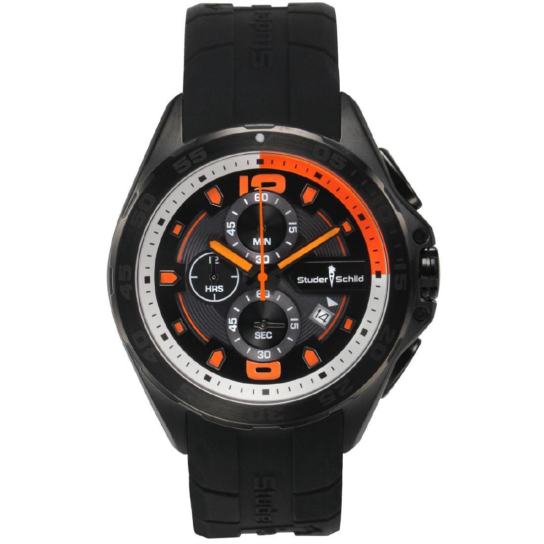 Studer Schild Cantor Chronograph Mens Watch: Movement Type:- Miyota OS10 Quartz Movement Display Type:- Analog Water Resistant:- 5ATM Case Size:- 43mm x 52mm x 14mm Case Material:- IP Black Surgical Grade 316L Stainless Steel Dial Color:- Black/