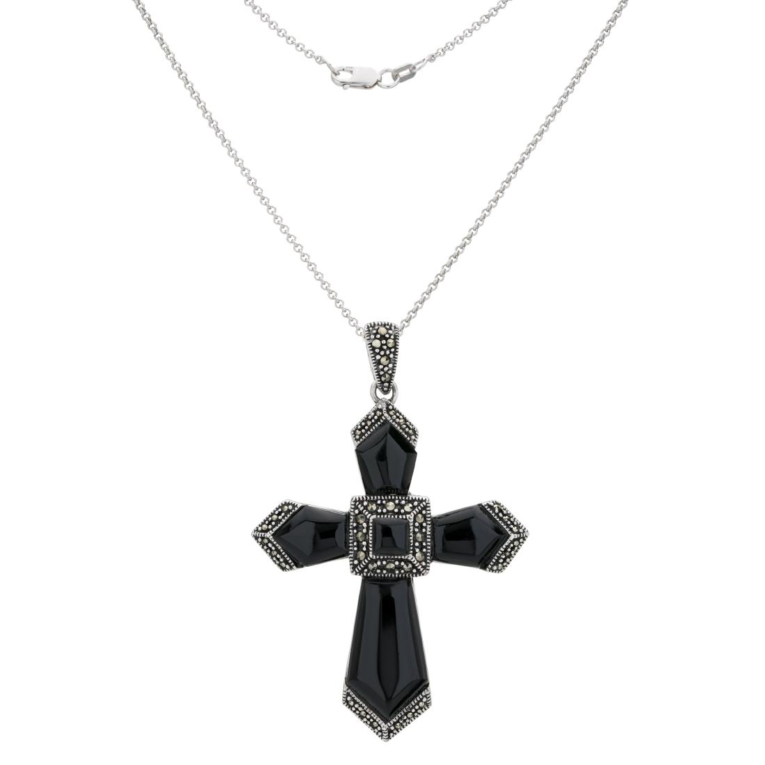 Silver Marcasite and Black Onyx Cross Pendant: Make a lovely affirmation of your faith with this striking Passion Cross from Addison Lane’s Weekend Collection. Beautifully crafted in black onyx with marcasite accents in an oxidized sterling 