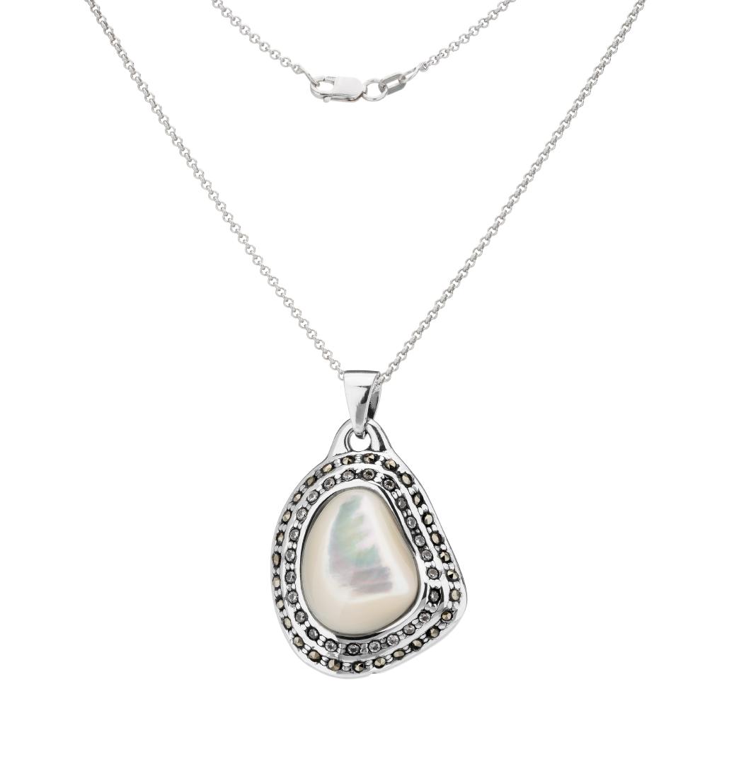Sterling silver MOP & Marcasite Freeform Pendant: Redolent of South Seas breezes, island living and exotic locales comes the Bora Bora Collection from Addison Park. This beautiful freeform pendant necklace is crafted in oxidized sterling silver and a