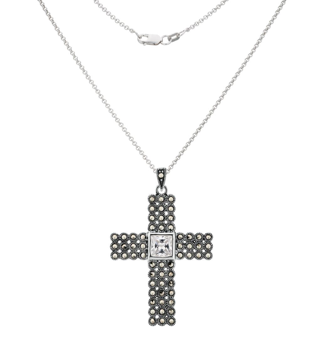 Sterling Silver Marcasite & CZ Cross Pendant (1 of 2)