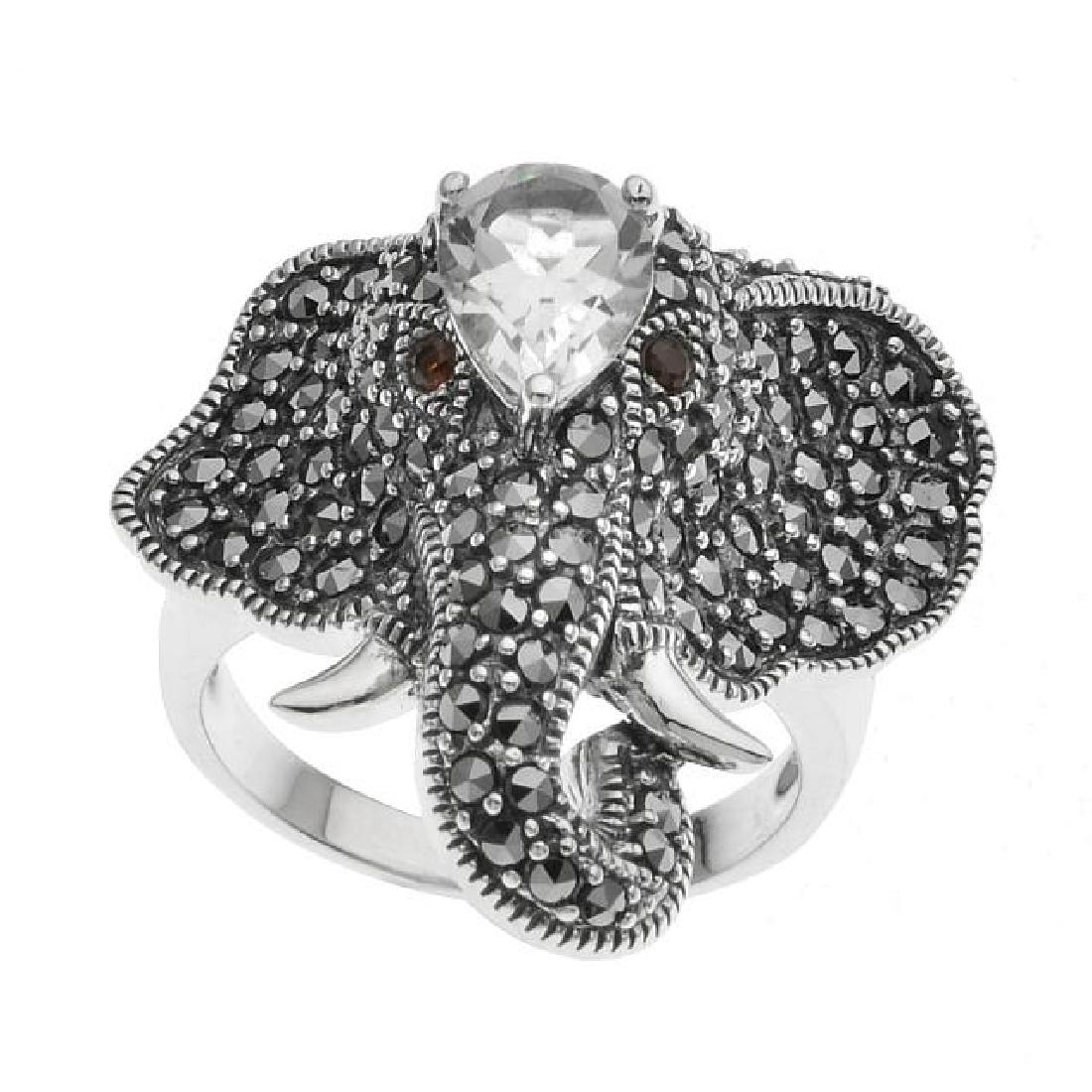 Silver Marcasite & Topaz Elephant Ring-SZ 8: • Genuine marcasite, white topaz & garnet • Elephant design • Stone set in pave design • Gleaming rhodium over fine sterling silver