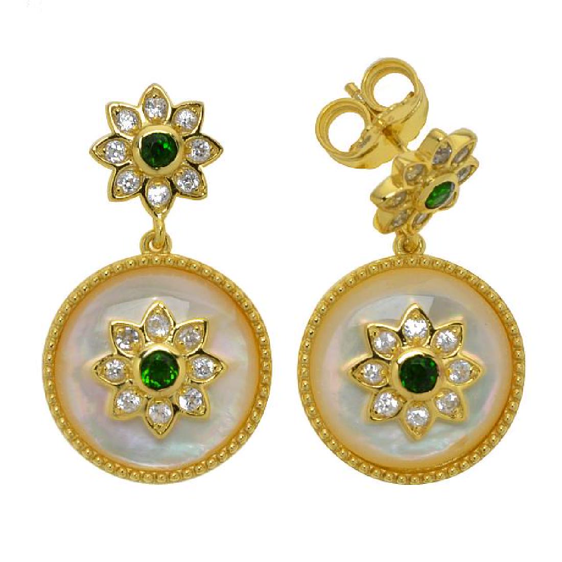 14K Gold Vermeil White MOP & Chrome Drop Earring: • Genuine white mother of pearl, chrome diopside & white zircon • 0.72ct chrome diopside & 1.60ct white zircon • 18mm round mother of pearl with a shimmering gemstone on a flower sha
