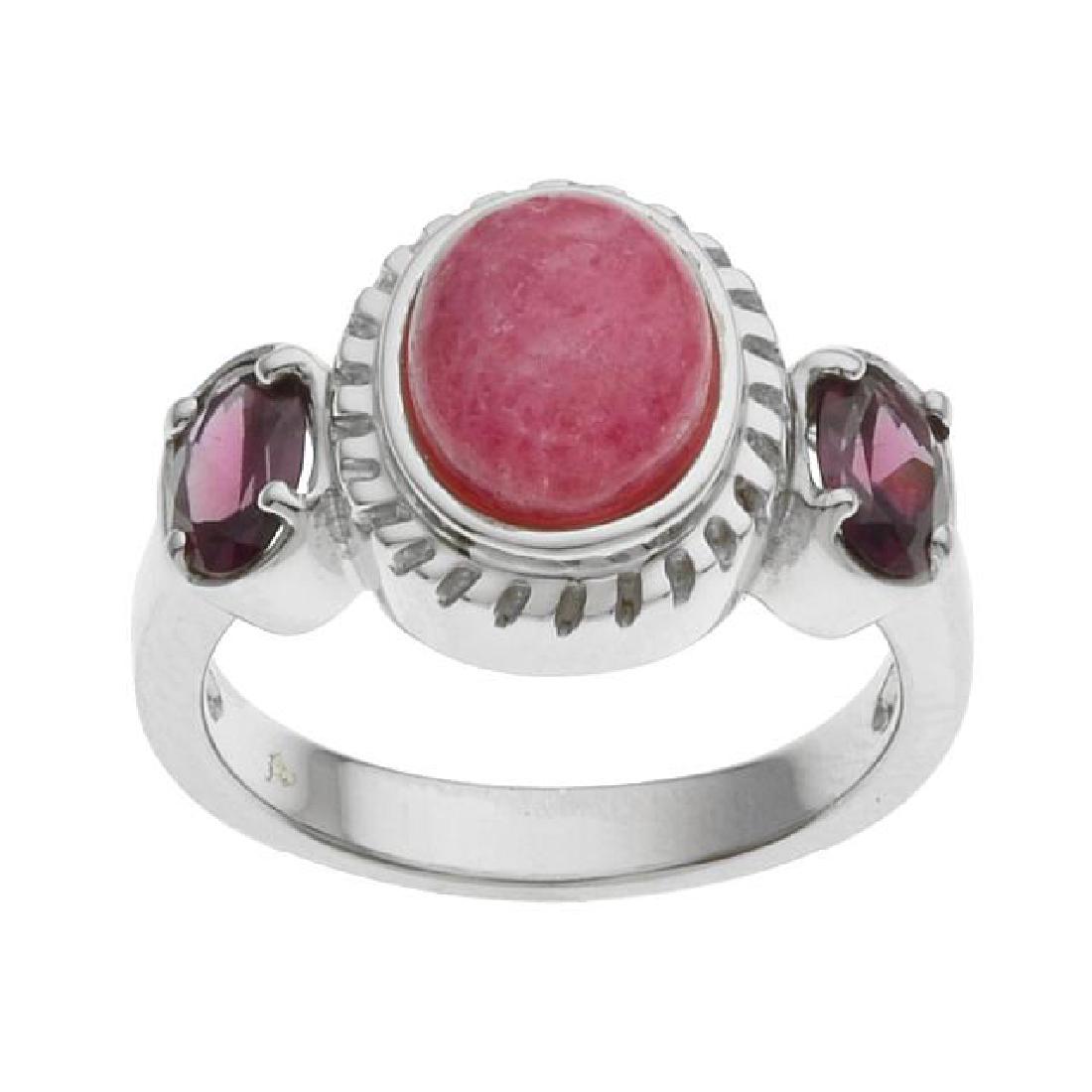 Silver Rhodonite & Garnet Three Stone Ring-SZ 7: • Genuine rhodonite & rhodolite garnet • 1.04cwt rhodolite garnet • North south orientation with rope texture halo • Gleaming rhodium over fine sterling silver
